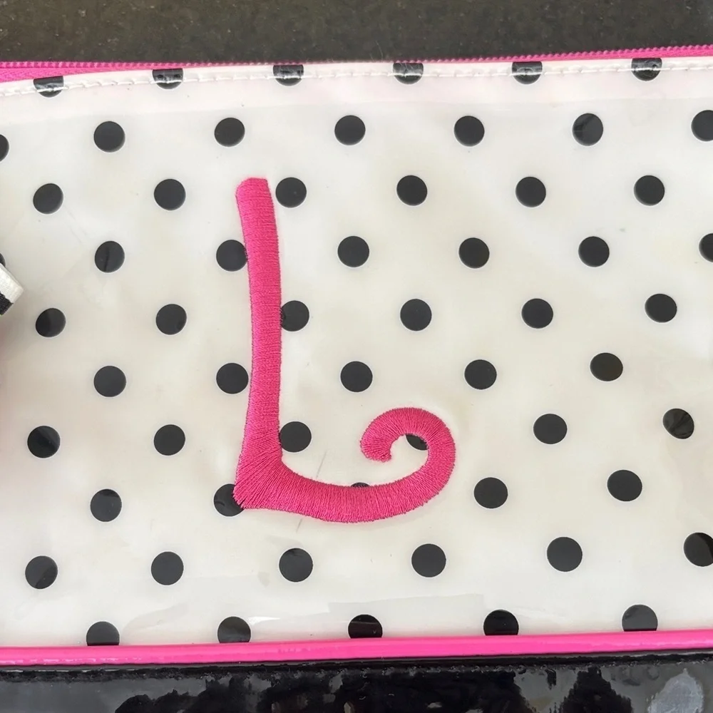 Mud Pie Black & White All PVC Polka Dot Cosmetic Bag Clutch Monogramed Pink “L”